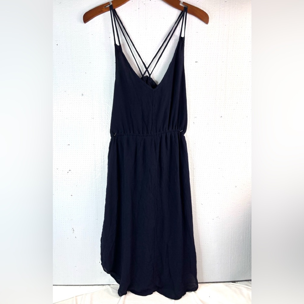LOFT M Nautical Vibe Spaghetti Strap V-Neck Curved Hem Navy Mini Dress